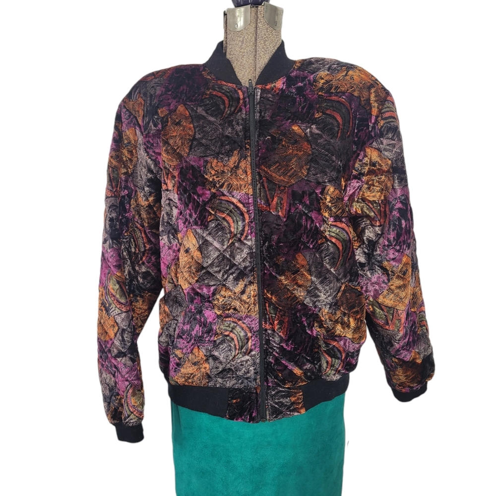 Vintage 80's orange purple and black velvet quilted bomber jacket size 12